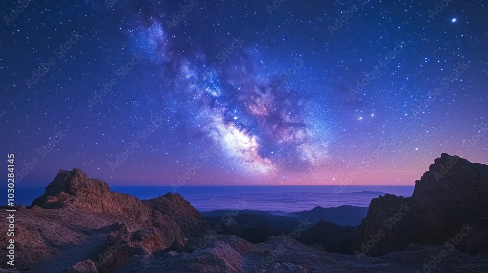 Obraz premium Stunning night sky with the Milky Way over rocky terrain.