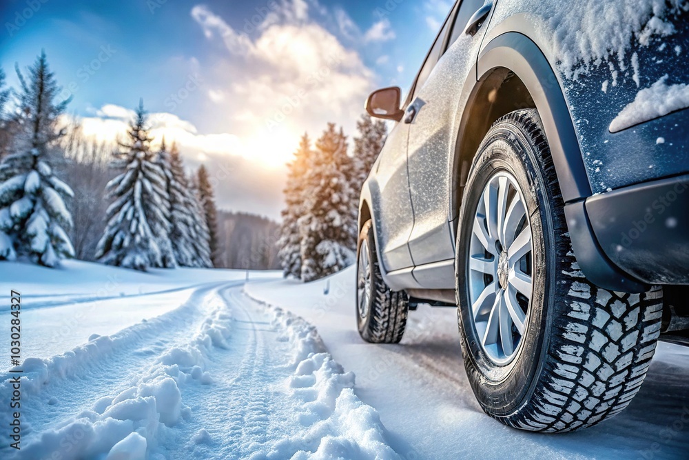 Naklejka premium Wheels with winter tires ready for winter with snow and difficult weather conditions