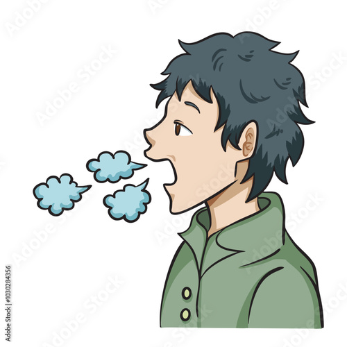 Man with green shirt yawning or burping colorful illustration isolated on square white background. Simple flat outlined cartoon art styled drawing.