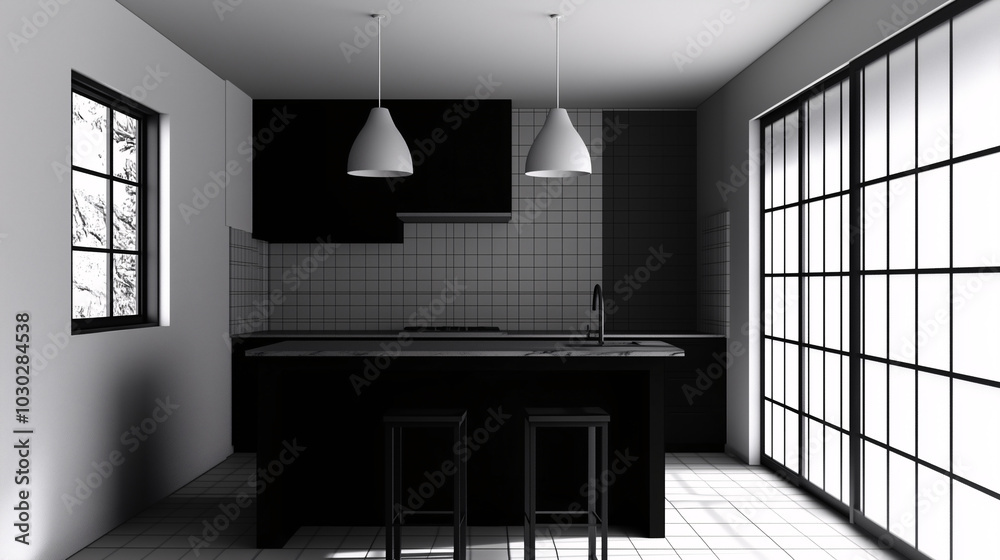 Minimalist kitchen in monochrome tones, featuring matte black cabinetry and clean geometric lines