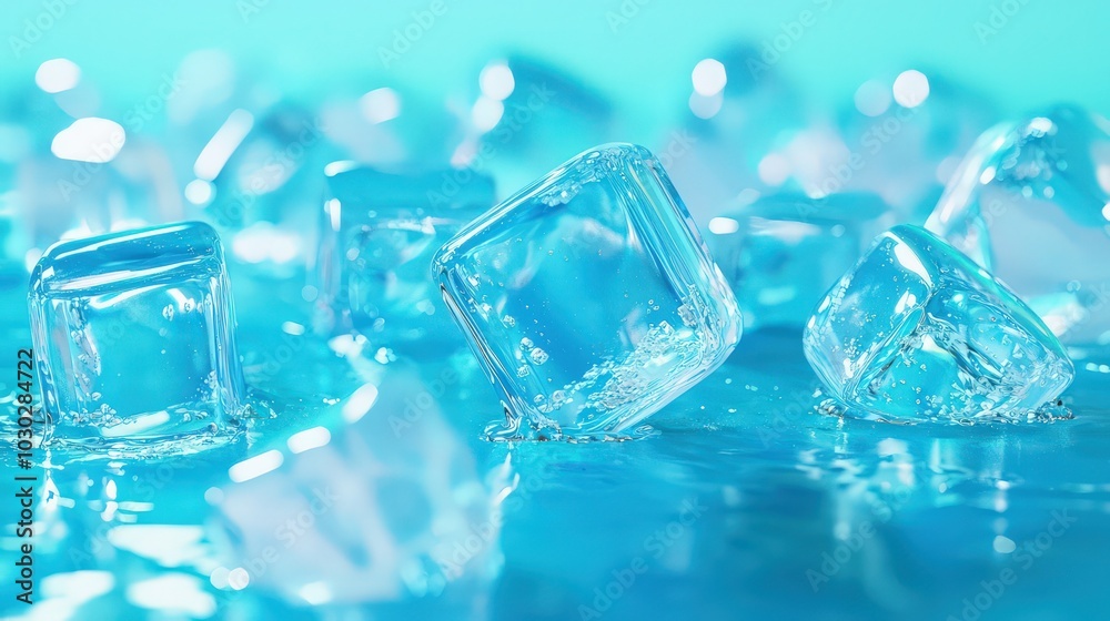 Ice cubes begin to melt on a vivid blue surface, ideal for summer refreshment themes.