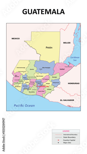 Guatemala Map. State and union territories of Guatemala with neighbouring countries. Political map of Guatemala with capital and important cities in Detailed.