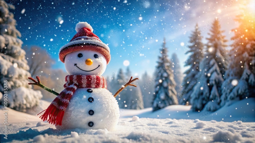 winter wonderland scene with a happy snowman winter wonderland scene with a happy snowman