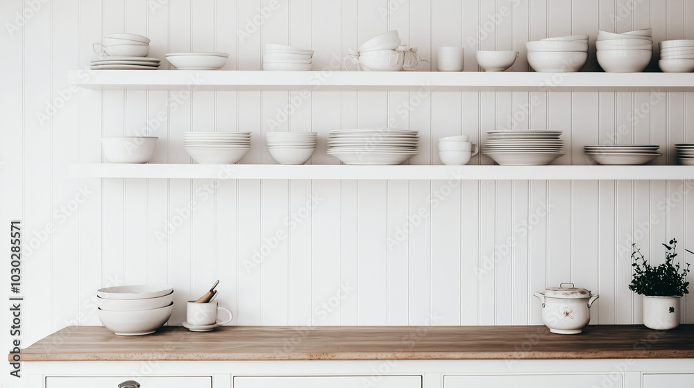 Minimalist kitchen with floating open shelves, sleek white cabinets, and simple ceramic dishes on display Minimalist kitchen with floating open shelves, sleek white cabinets, and simple ceramic dishes on display