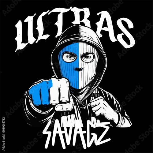 Illustration Vector of Football fans Ultras Hooligan Blue White color man fighting style isolated black background