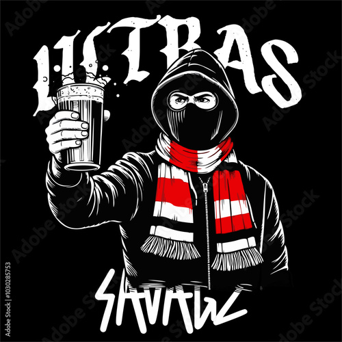 Illustration Vector of Football Fans Ultras Hooligan fighting style Red White Color isolated Black background