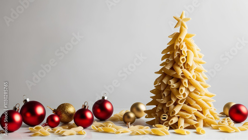 Christmas tree made of pasta. Minimal New Year's or Christmas idea. AI generated