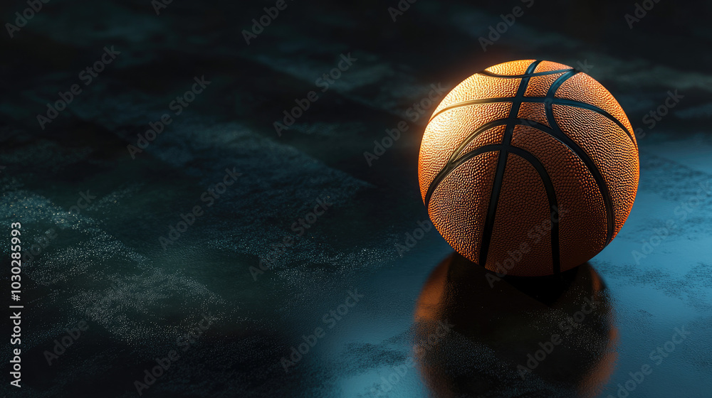 A solitary basketball resting on a glossy black floor, illuminated by a spotlight, showcasing the intricate details of the balls surface and laces. A solitary basketball resting on a glossy black floor, illuminated by a spotlight, showcasing the intricate details of the balls surface and laces.