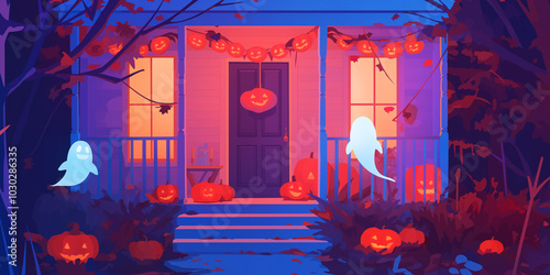 Haunted house entryway with glowing pumpkins, ghostly garlands, and eerie decorations, game style illustration photo