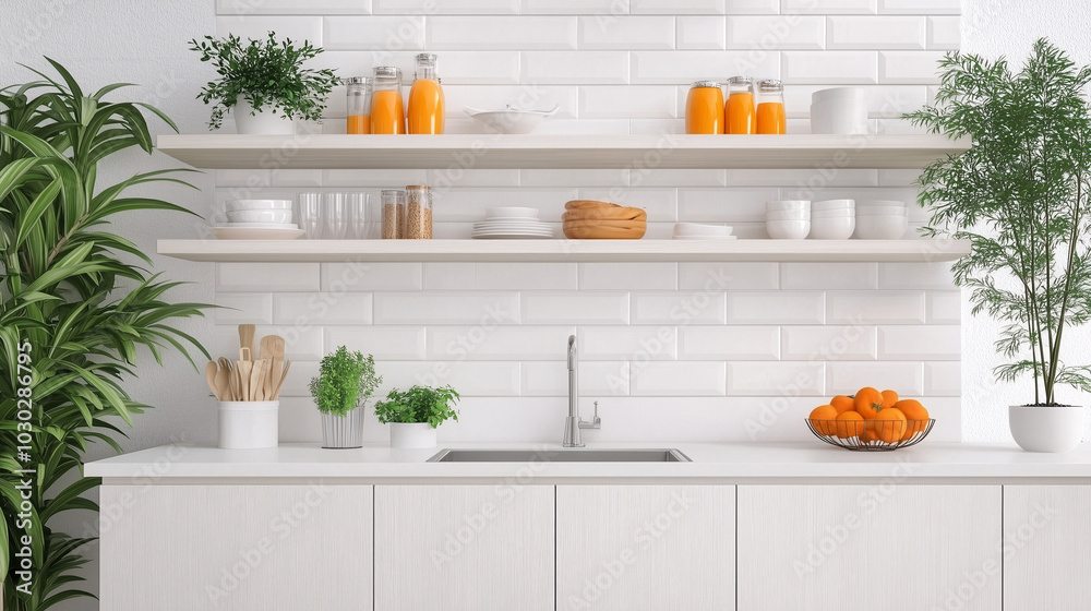 Minimalist kitchen with white subway tiles, open shelving, and neatly arranged kitchen essentials