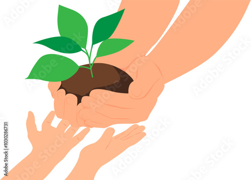 Hands of an adult giving to the hands of a child a plant with green leaves in the soil for planting.  Vector illustration with transparent background.	