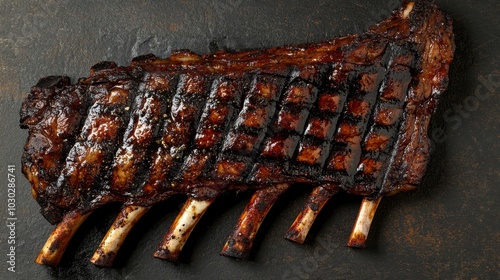 Grilled Beef Ribs. Barbecue Shortribs, BBQ Spareribs on Dark Grey Background With Sear Marks. photo