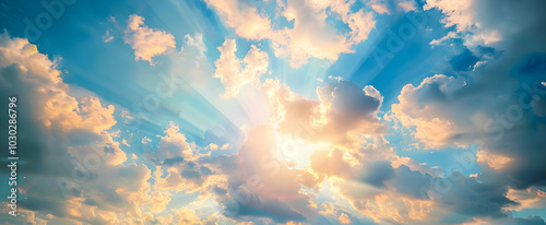 Blue sky with white clouds and sun, panoramic view