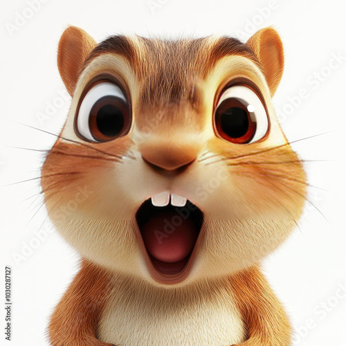 3d funny cartoon surprised chipmunk close-up, isolated, on a white background. Illustration, decor, print for clothing, design for printing on fabric, paper, plastic, porcelain.