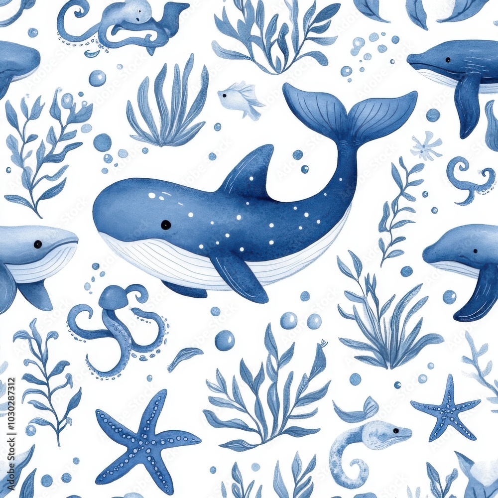 Pattern of cute blue whales, sea plants, and starfish, watercolor illustration, children's book style, white background Pattern of cute blue whales, sea plants, and starfish, watercolor illustration, children's book style, white background