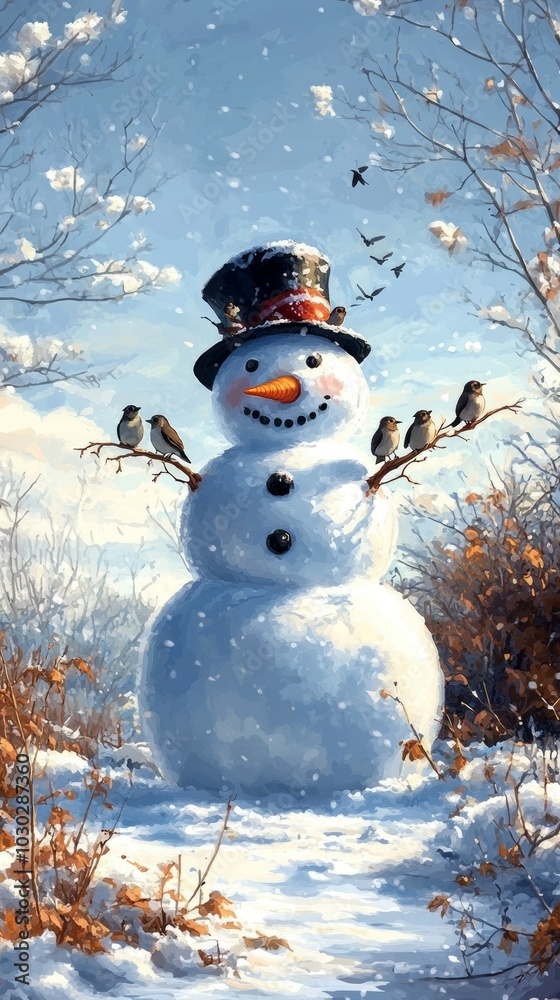 Obraz premium Snowman and the Birds, Snowmen