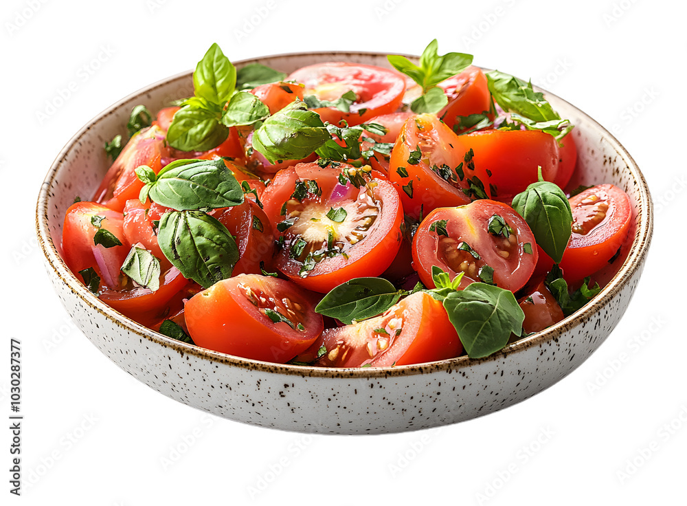 White Bowl of Tomato Tapas with Fresh Basil and Herbs, Isolated on Transparent Background White Bowl of Tomato Tapas with Fresh Basil and Herbs, Isolated on Transparent Background