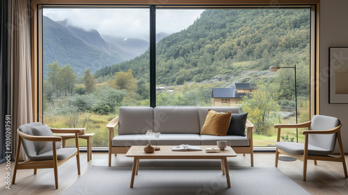 Minimalist living area with large open windows, a simple sofa, and light wooden textures blending with the natural view