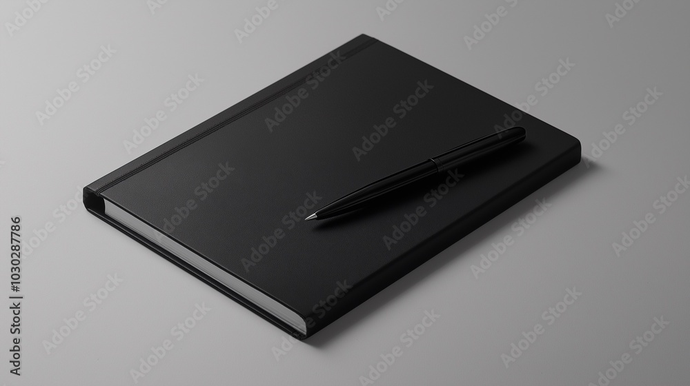 Sleek black notebook with a matching pen on a minimalistic surface Sleek black notebook with a matching pen on a minimalistic surface