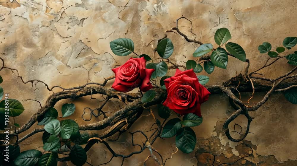 Two red roses bloom on a gnarled vine against a textured wall