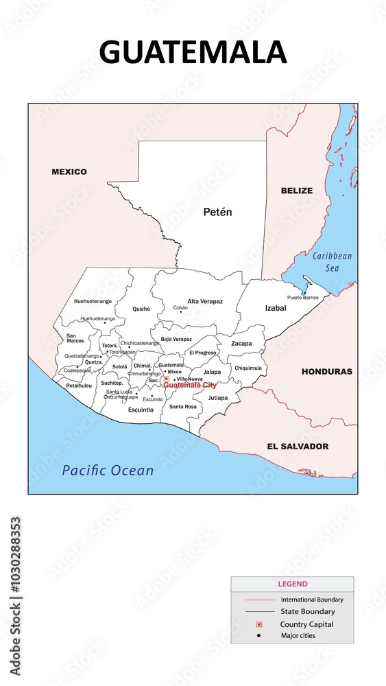 Fototapeta Guatemala Map. State map of Guatemala. Administrative map of Guatemala with state and capital in white color.