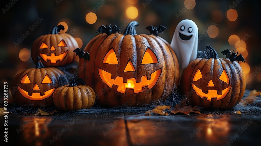 Fototapeta premium Halloween background wallpaper, jack o lanterns, with space for text, background for halloween banner.