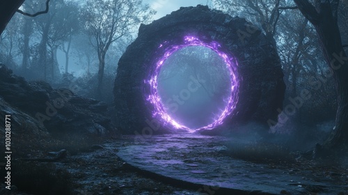 Mysterious Glowing Purple Portal in a Dark Blighted Forest, Fantasy and Adventure Concept Generative AI photo