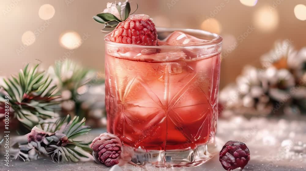 Festive Cranberry Cocktail with Ice, Raspberries, and Pine Sprigs in Winter Setting. Festive Cranberry Cocktail with Ice, Raspberries, and Pine Sprigs in Winter Setting.