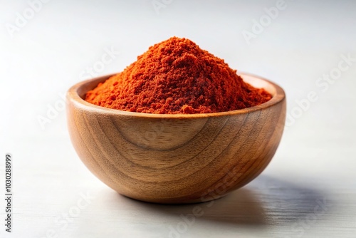 Wooden bowl full of smoked paprika on a white background minimalist