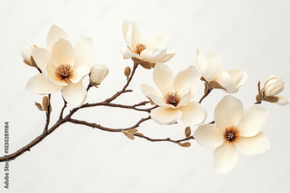 floral artistry, delicate magnolia branch against a white backdrop, showcasing intricate petals and subtle hues in a serene presentation floral artistry, delicate magnolia branch against a white backdrop, showcasing intricate petals and subtle hues in a serene presentation