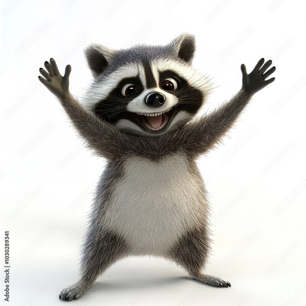 Fototapeta premium 3d funny cartoon raccoon celebrating victory close-up, isolated, on a white background. Illustration, decor, print for clothing, design for printing on fabric, paper, plastic, porcelain.