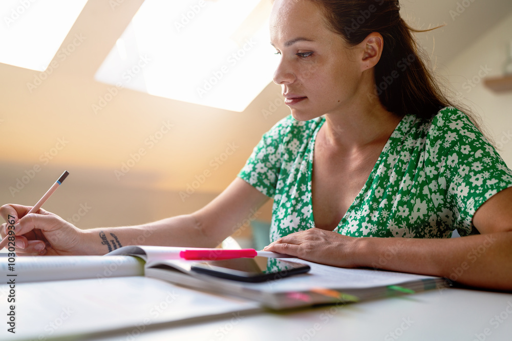An adult woman is preparing for an exam in a professional advanced training course. An adult woman is preparing for an exam in a professional advanced training course.