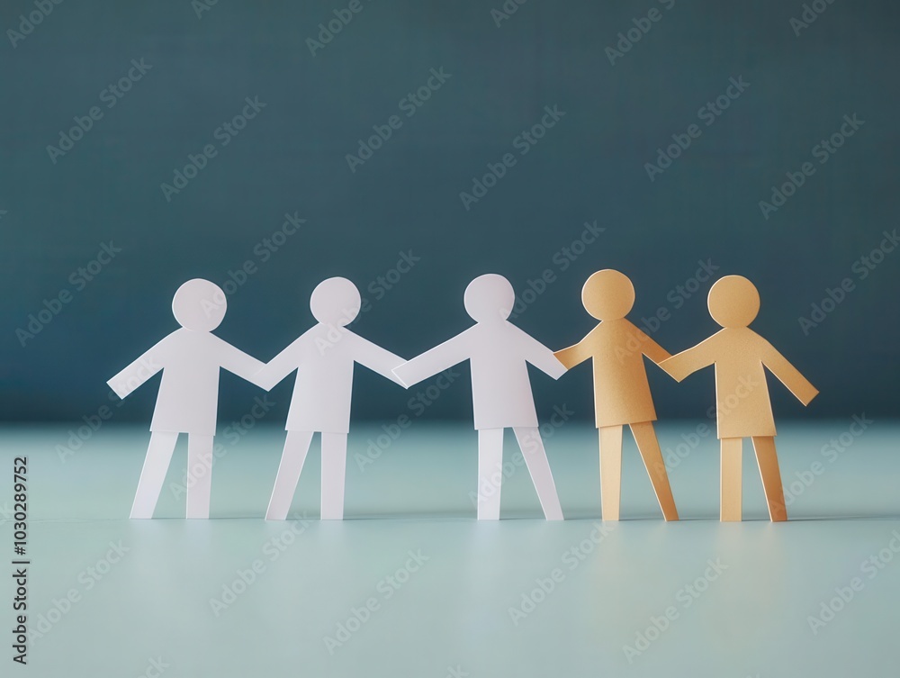 Craft a minimalistic yet lively scene of collaborative paper cutouts representing teamwork and success in a business setting