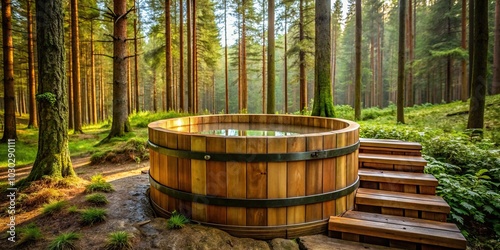 Wooden cold plunge pool in the forest Barrel