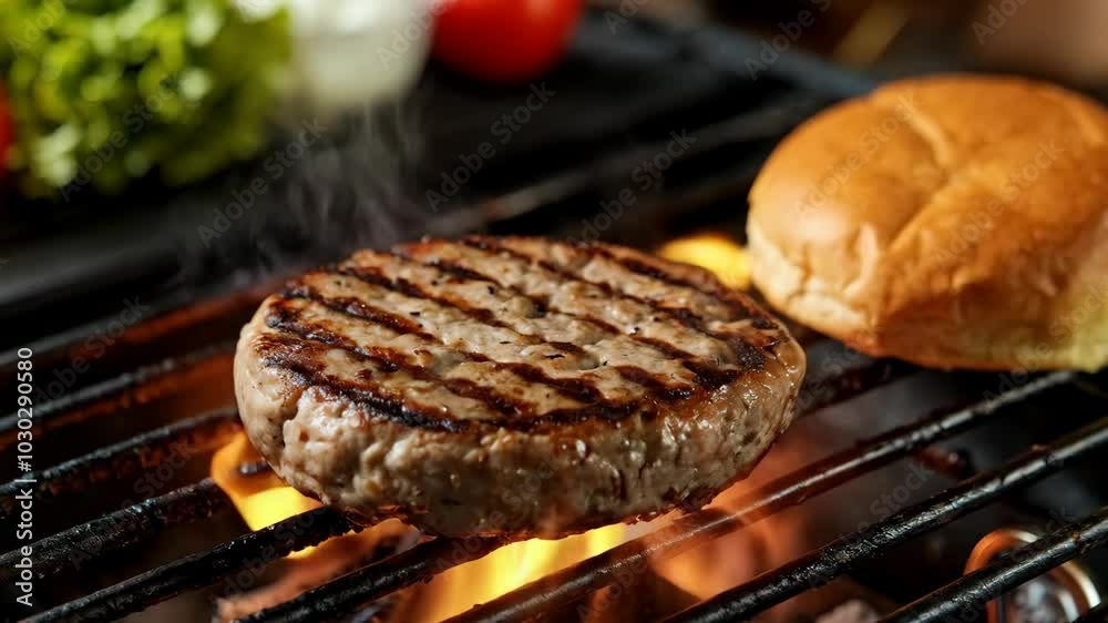 A grilled burger patty on a barbecue with a bun nearby, ready for a delicious meal. A grilled burger patty on a barbecue with a bun nearby, ready for a delicious meal.