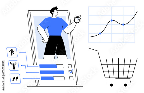 Smartphone showing a fitness app with activity tracking elements. A shopping cart and growth chart are displayed. Ideal for fitness, health monitoring, e-commerce, data analysis, technology