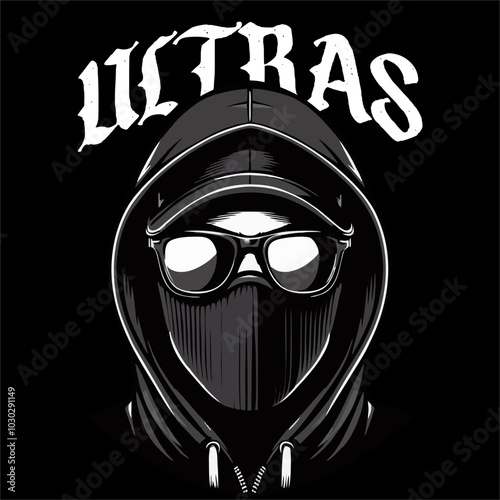 Illustration Vector of Football fans Ultras Hooligans man with cap and sunglass covered face in black color