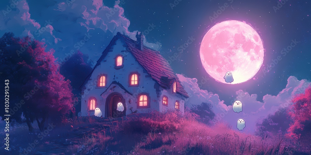 Fototapeta premium Charming and Whimsical Halloween Background Featuring a Cozy Cottage and Playful Ghosts Under a Full Moon