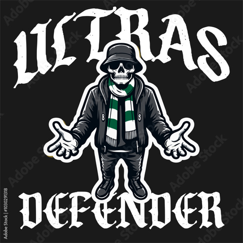 Illustration Vector of Ultras Hooligans Skull With Bucket hat with black white color