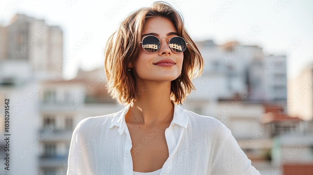 Stylish Woman in Sunglasses on Urban Rooftop Stylish Woman in Sunglasses on Urban Rooftop