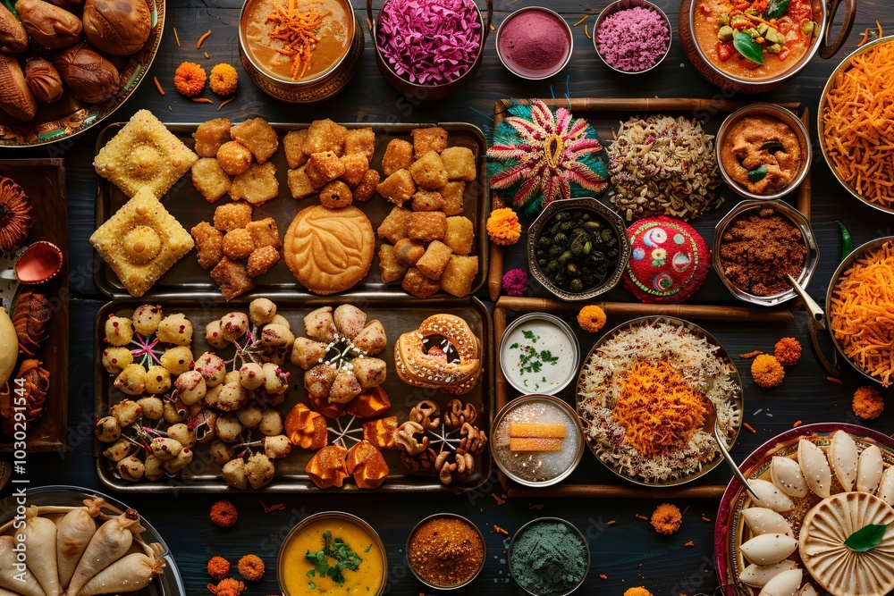 Fototapeta premium A vibrant display of traditional sweets and snacks is beautifully arranged for a festive celebration, showcasing various textures, colors, and flavors, enhancing the celebratory spirit