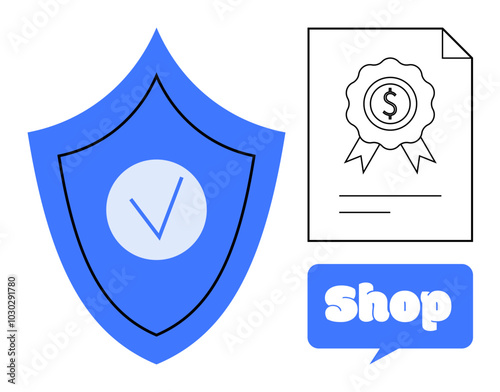 Blue shield with a check mark, a document with a rosette and dollar sign, and a speech bubble with the word Shop. Ideal for e-commerce, online security, quality assurance, money-back guarantees