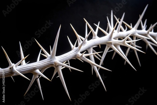 White branch with thorns isolated on black background photo