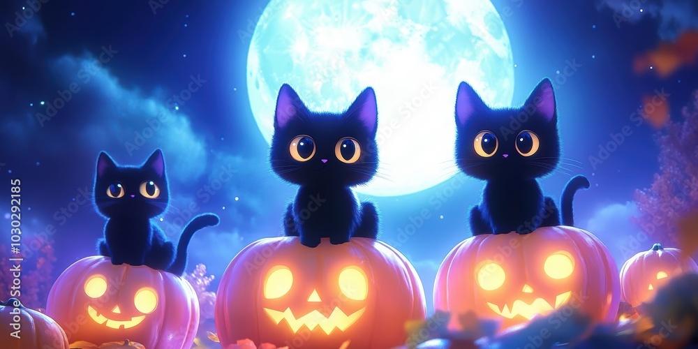 Adorable Halloween Background Featuring Playful Kittens and Glowing Pumpkins Under a Full Moon