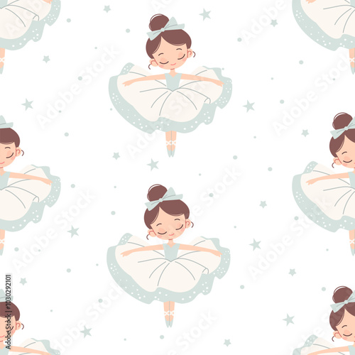 Seamless vector pattern in children's style. Cute ballerina and stars on white background . Vector illustration
