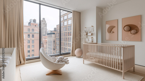 Minimalist nursery with a white rocking chair, soft beige curtains, and a low-profile crib in a clean, open space
