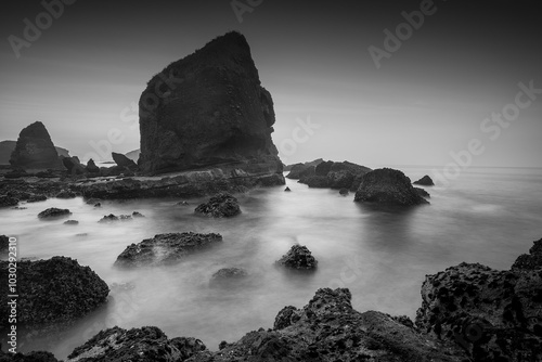 Monochrome seascape with rock formations.