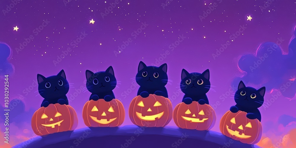 Obraz premium Charming Halloween Background with Playful Black Cats and Pumpkins under a Starry Sky