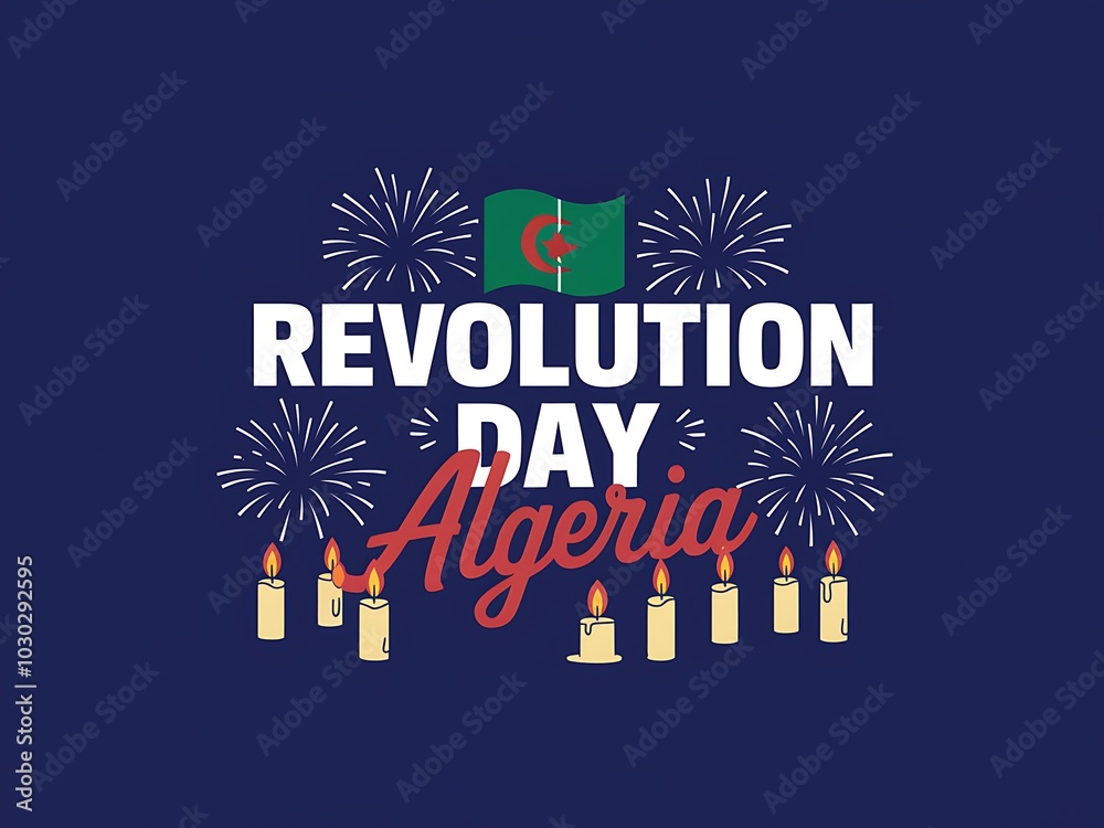 Naklejka premium Algerian Flag with Fireworks and Candles for Revolution Day