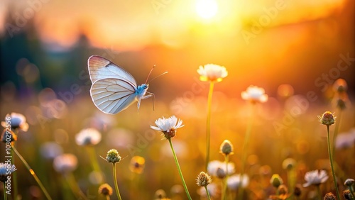 White butterfly flittering in flower field during sunset photo